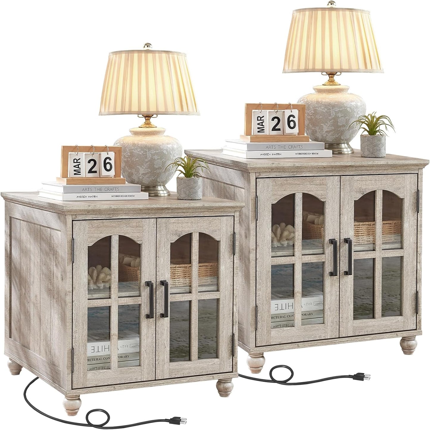Farmhouse 24" End Table Set of 2 with Charging Station, Large Sofa Side Table with Glass Barn