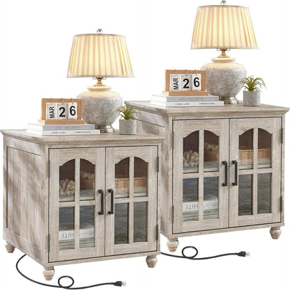 Farmhouse 24" End Table Set of 2 with Charging Station, Large Sofa Side Table with Glass Barn