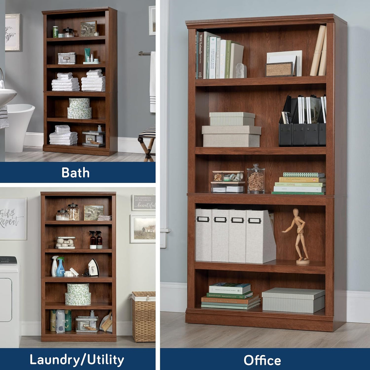 Sauder Miscellaneous Storage 5 Split Bookcase/Book Shelf, L: 35.28" x W: 13.23" x H: 69.76", Oiled