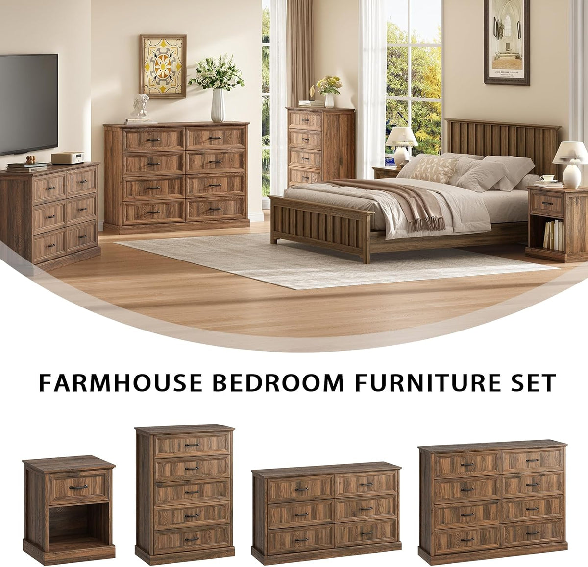 Farmhouse 8 Drawer Dresser for Bedroom, 55 Inch Wide Modern Walnut Dresser TV Stand with Large