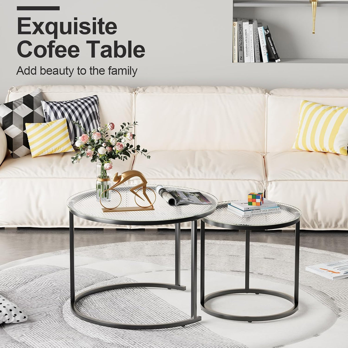 aboxoo Gold Nesting Coffee Table Set of 2, Small Glass Round Nesting Tables for Living Room