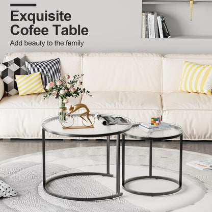 aboxoo Gold Nesting Coffee Table Set of 2, Small Glass Round Nesting Tables for Living Room