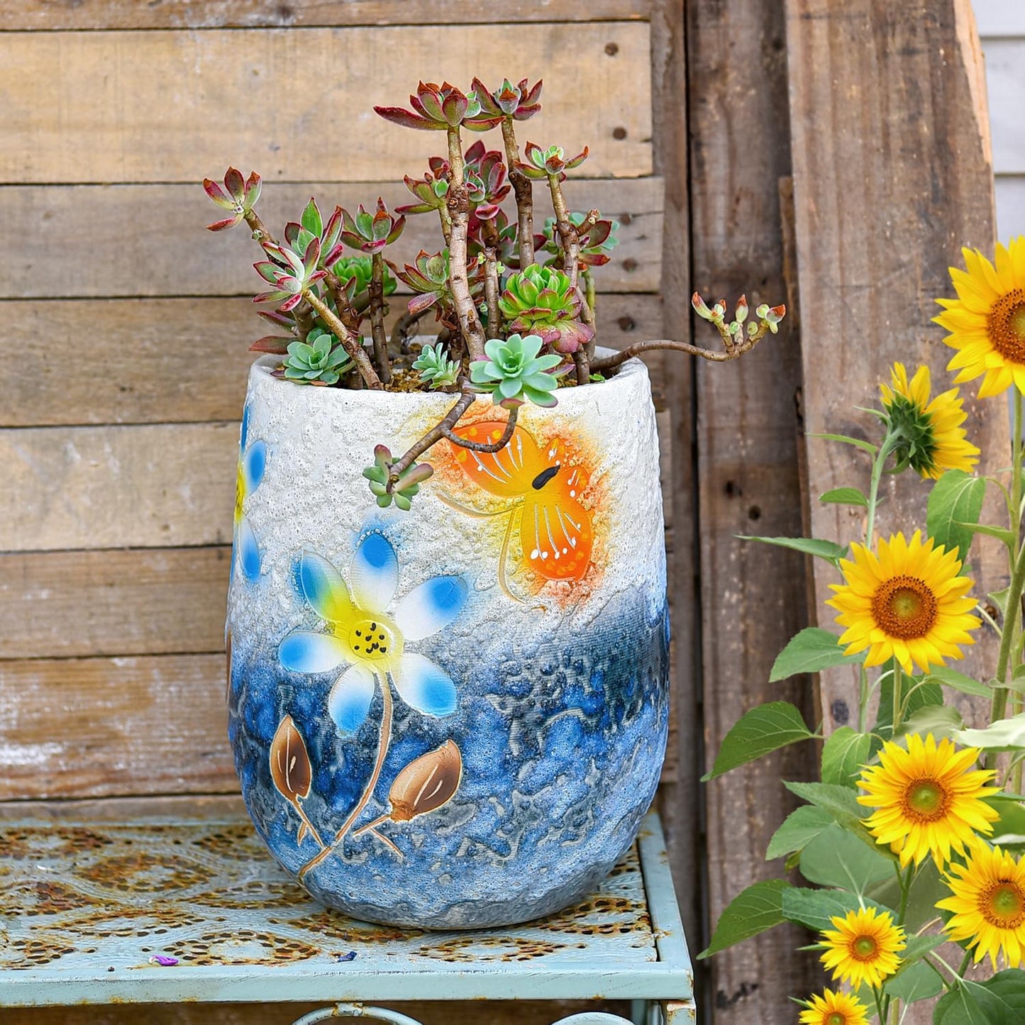 Sungmor 10.6 Inch Ceramic Succulent Plant Pot with Drainage Hole, Hand Painted Flower Pots for