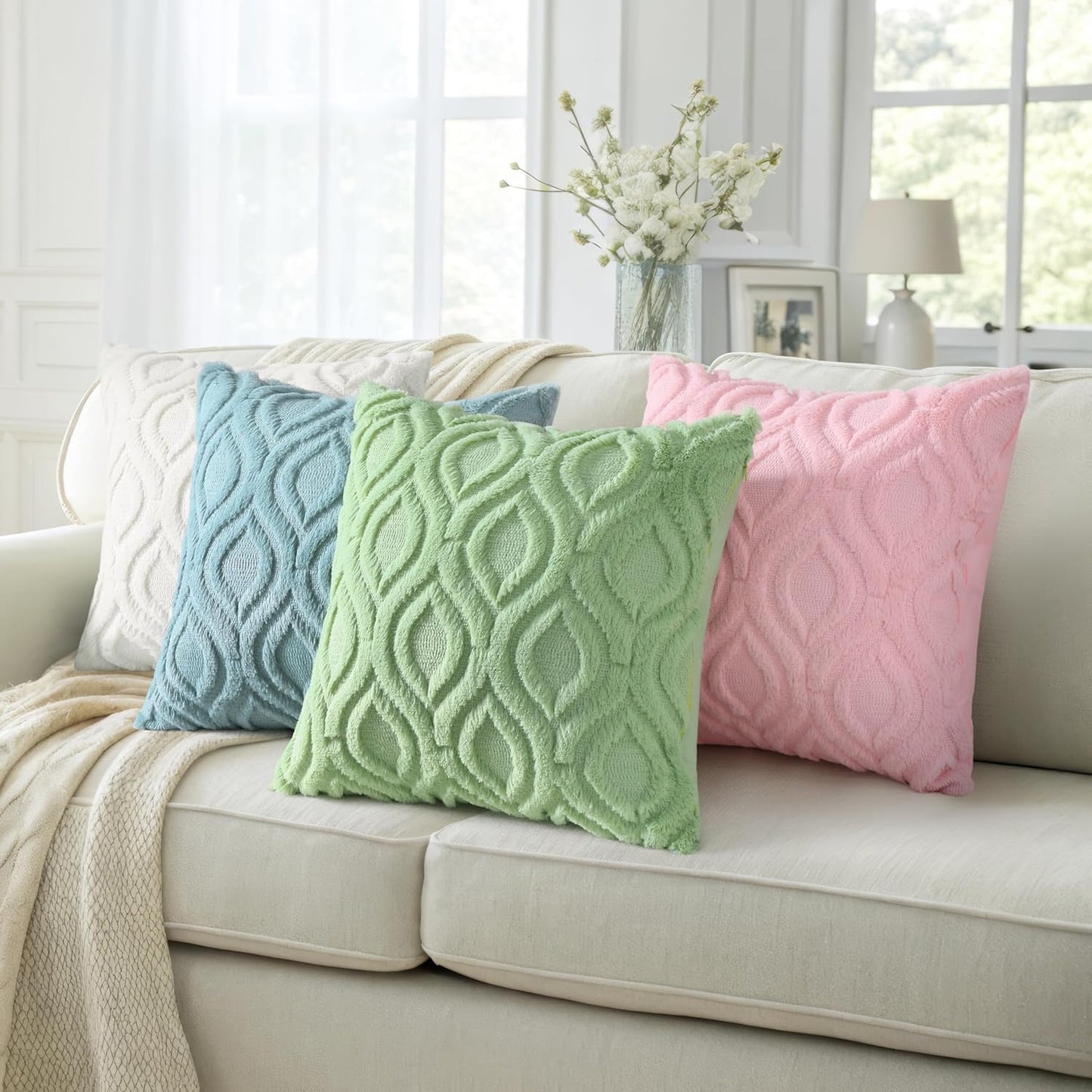 decorUhome Throw Pillow Covers 20x20 Inch Set of 2, Soft Plush Decorative Faux Fur Sage Green Solid