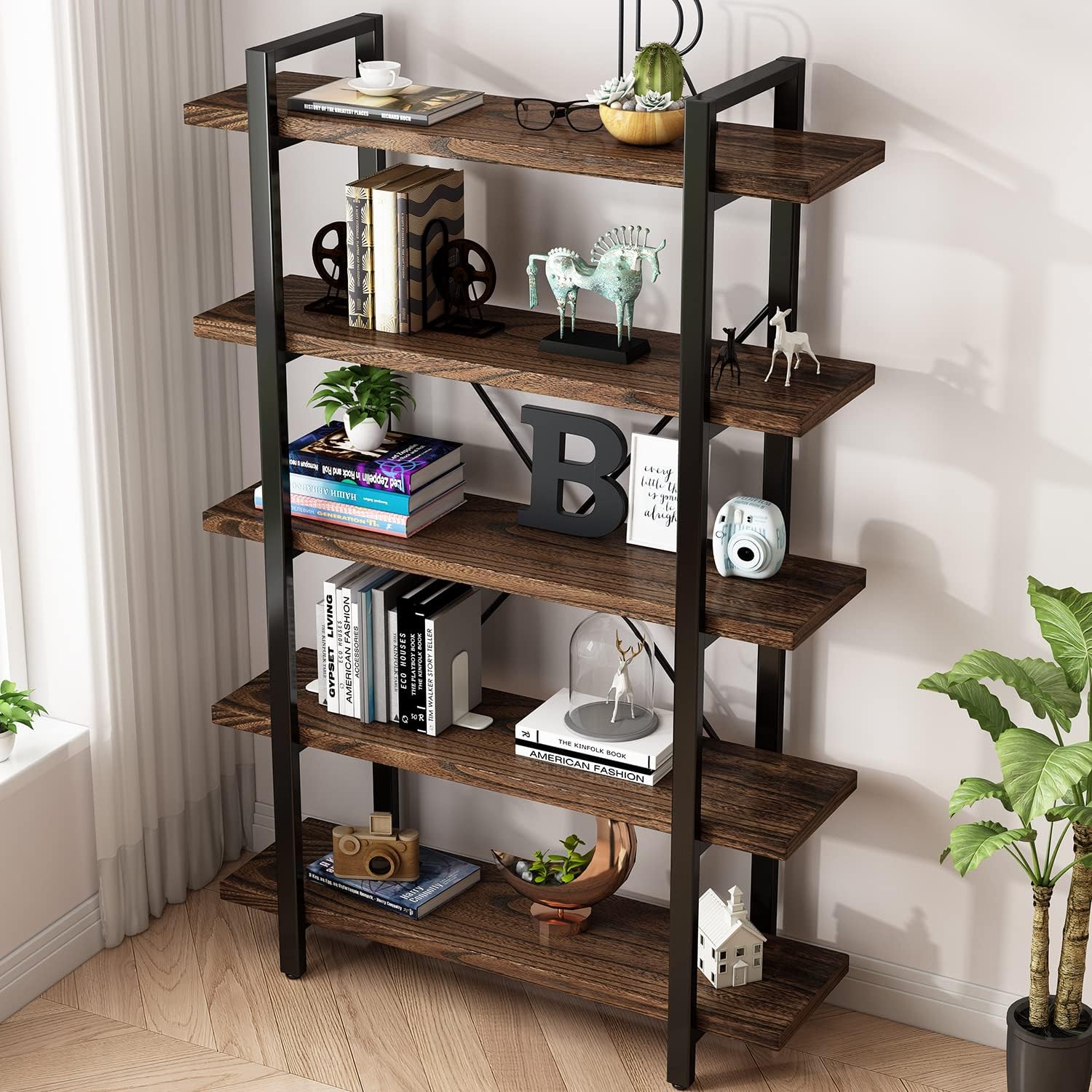 5-Tier Industrial Style Solid Wood Bookcase and Book Shelves,Rustic Wood and Metal Shelving Unit，