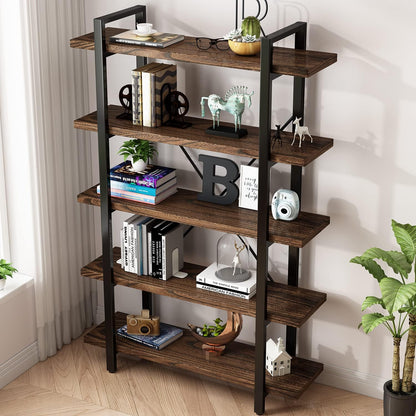 5-Tier Industrial Style Solid Wood Bookcase and Book Shelves,Rustic Wood and Metal Shelving Unit，