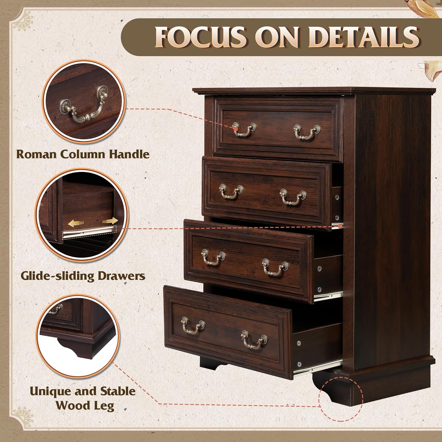 WLIVE Farmhouse Dresser for Bedroom, Tall Wood Dresser with 4 Drawers, Chest of Drawers with Roman