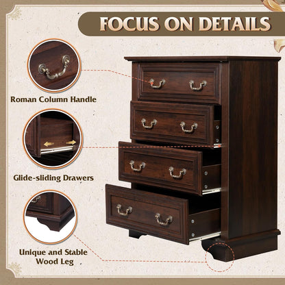WLIVE Farmhouse Dresser for Bedroom, Tall Wood Dresser with 4 Drawers, Chest of Drawers with Roman