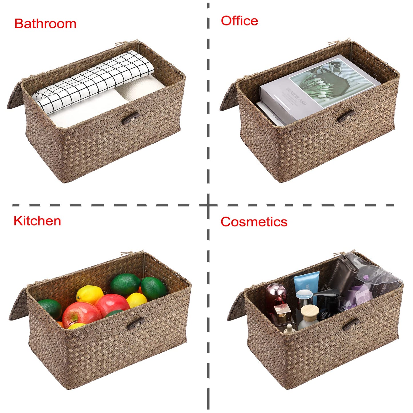Hipiwe Wicker Shelf Baskets Storage Bin with Lid Handwoven Seagrass Basket