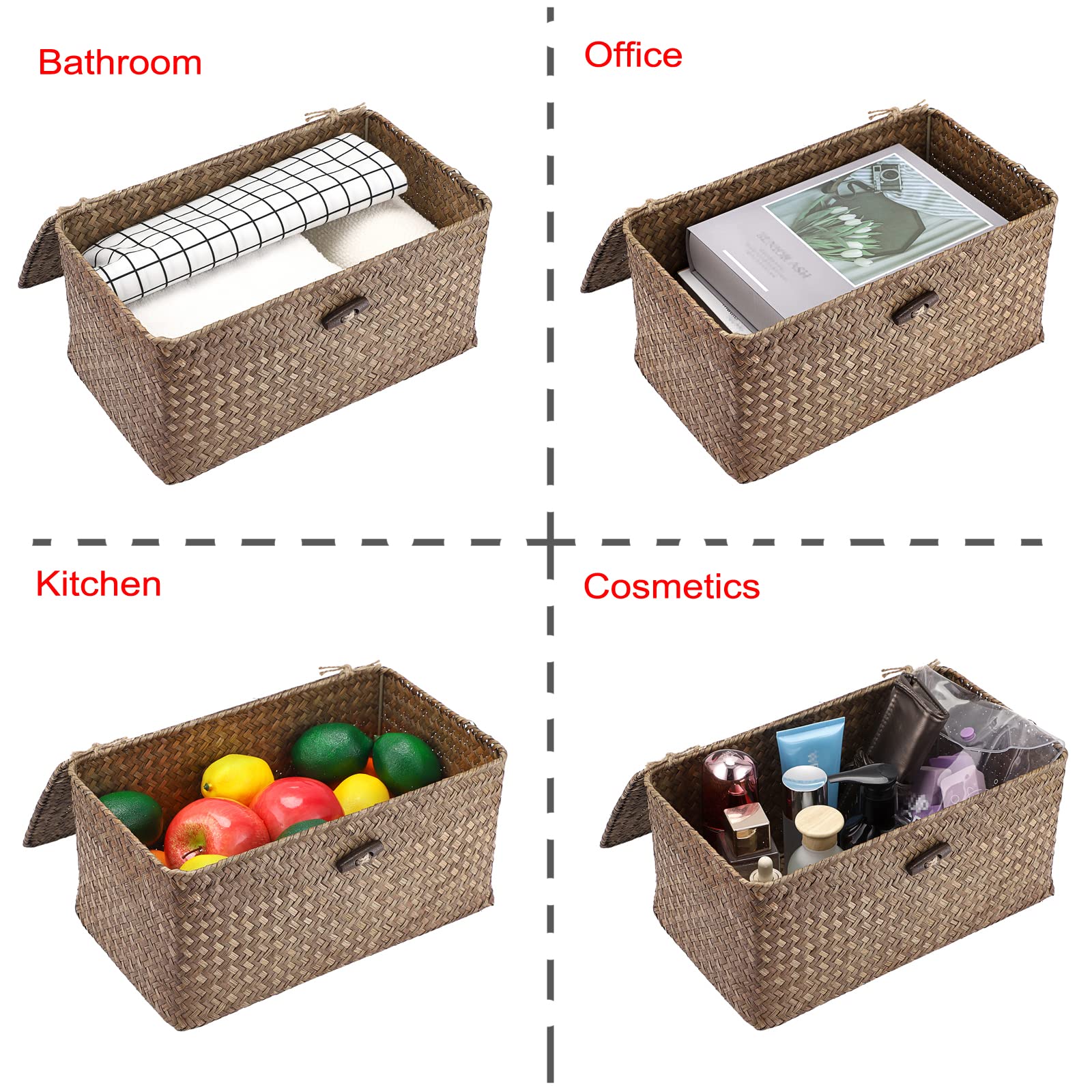 Hipiwe Wicker Shelf Baskets Storage Bin with Lid Handwoven Seagrass Basket