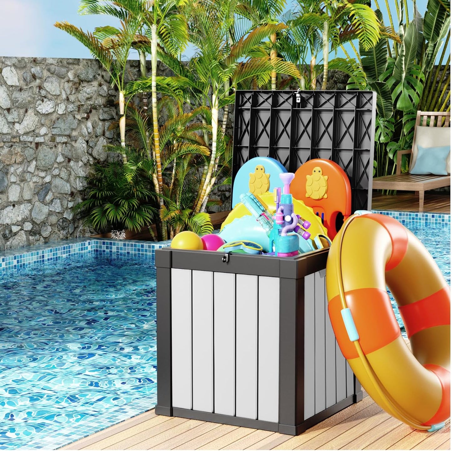 40 Gallon Resin Deck Box, Lockable Patio Outdoor Storage Box for Furniture, Garden Tools and Tools