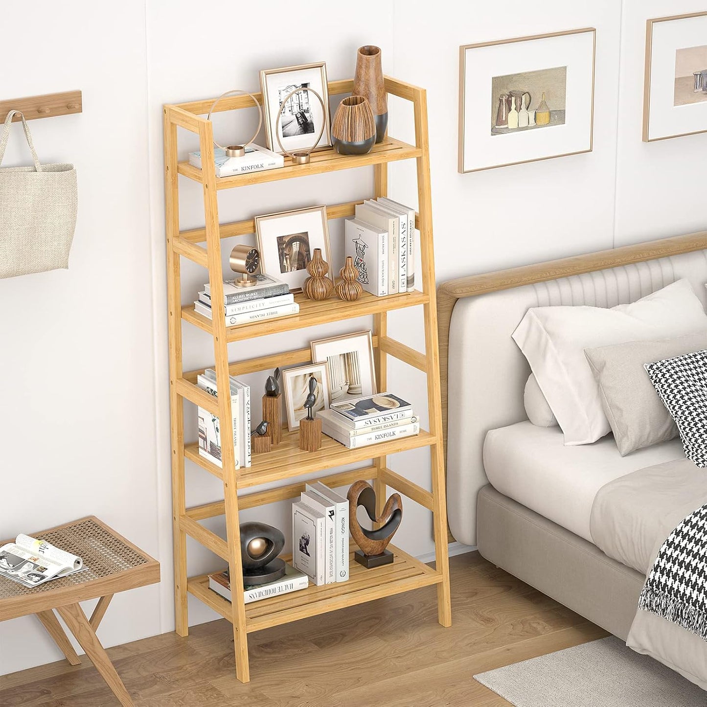 Homykic Bamboo Bookshelf 4-Tier Ladder Shelf, 49.2” Freestanding Open Bookcase Book Shelf Bathroom