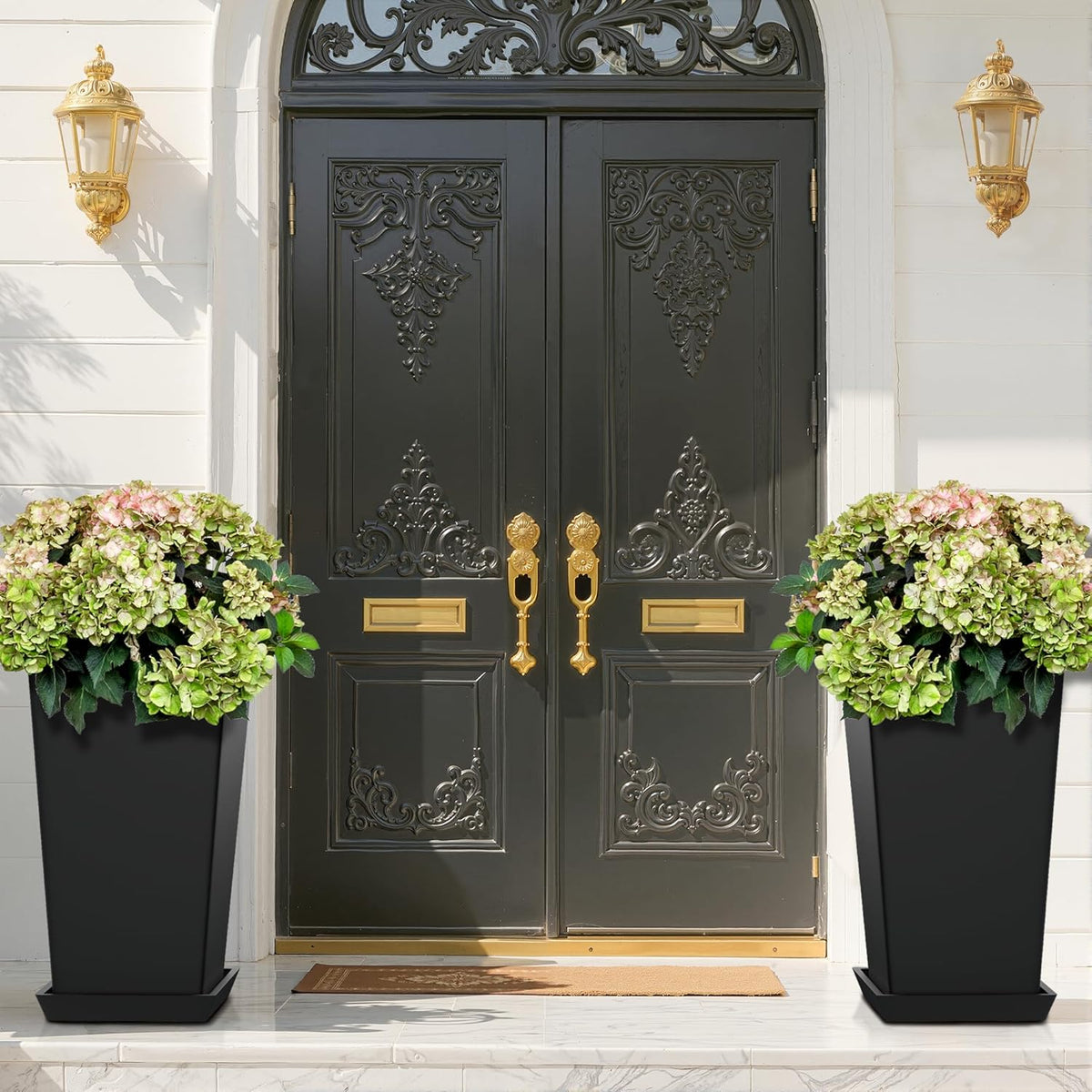 FENCY Set of 2 Tall Planters for Outdoor Plants, 24 Inch Large Tapered Pots with Drainage Trays