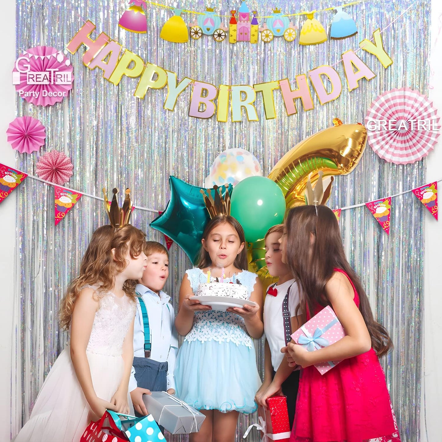 Silver Foil Fringe Tinsel Backdrop - GREATRIL Metallic Tinsel Streamers Curtains for 2025