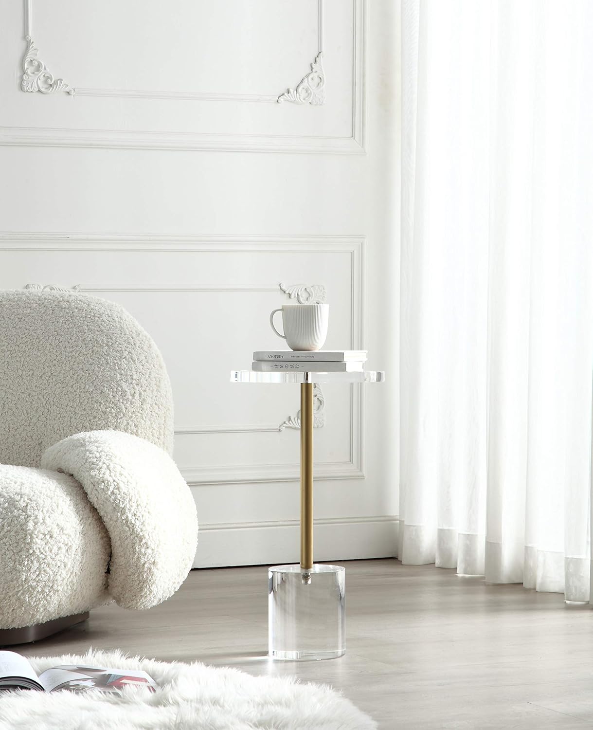 Clear Acrylic End Table,Side Table,Brushed Brass Metal,Round,for Office, Living Room and