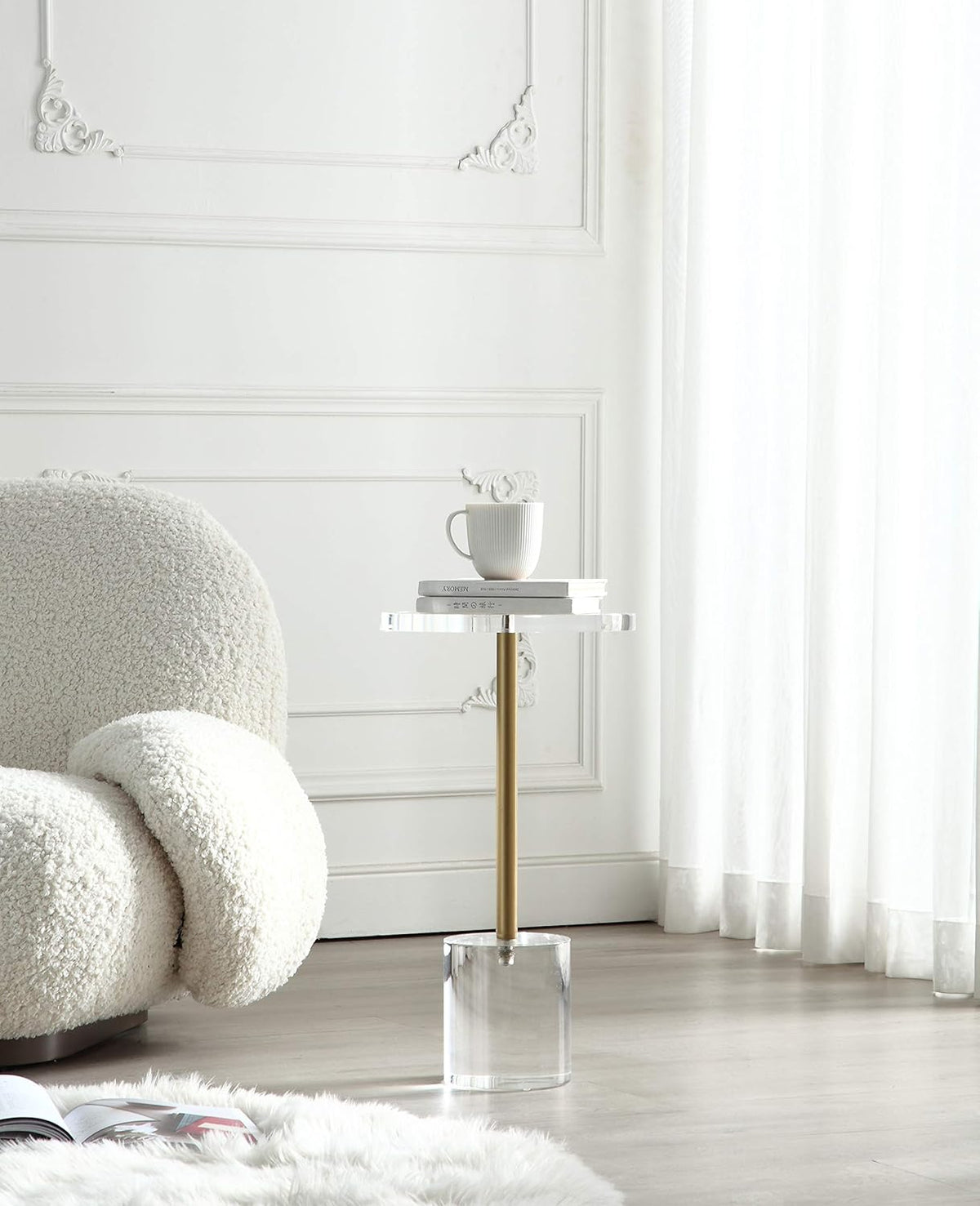Clear Acrylic End Table,Side Table,Brushed Brass Metal,Round,for Office, Living Room and