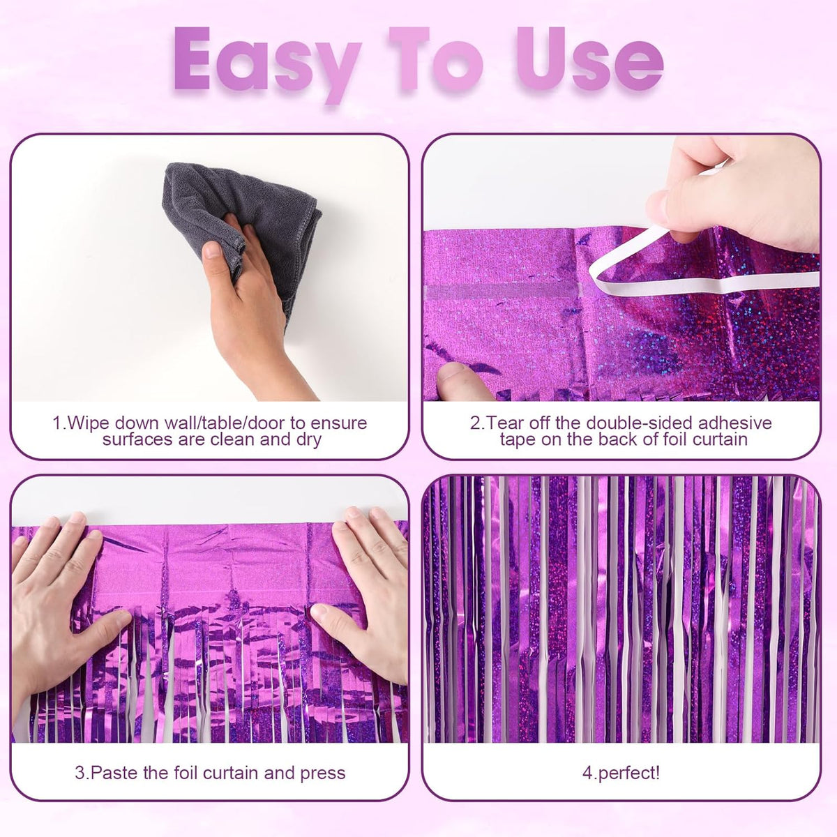 3 Pack 3.3 x 8.2 ft Laser Purple Foil Fringe Backdrop Curtains, Tinsel Streamers Birthday Party