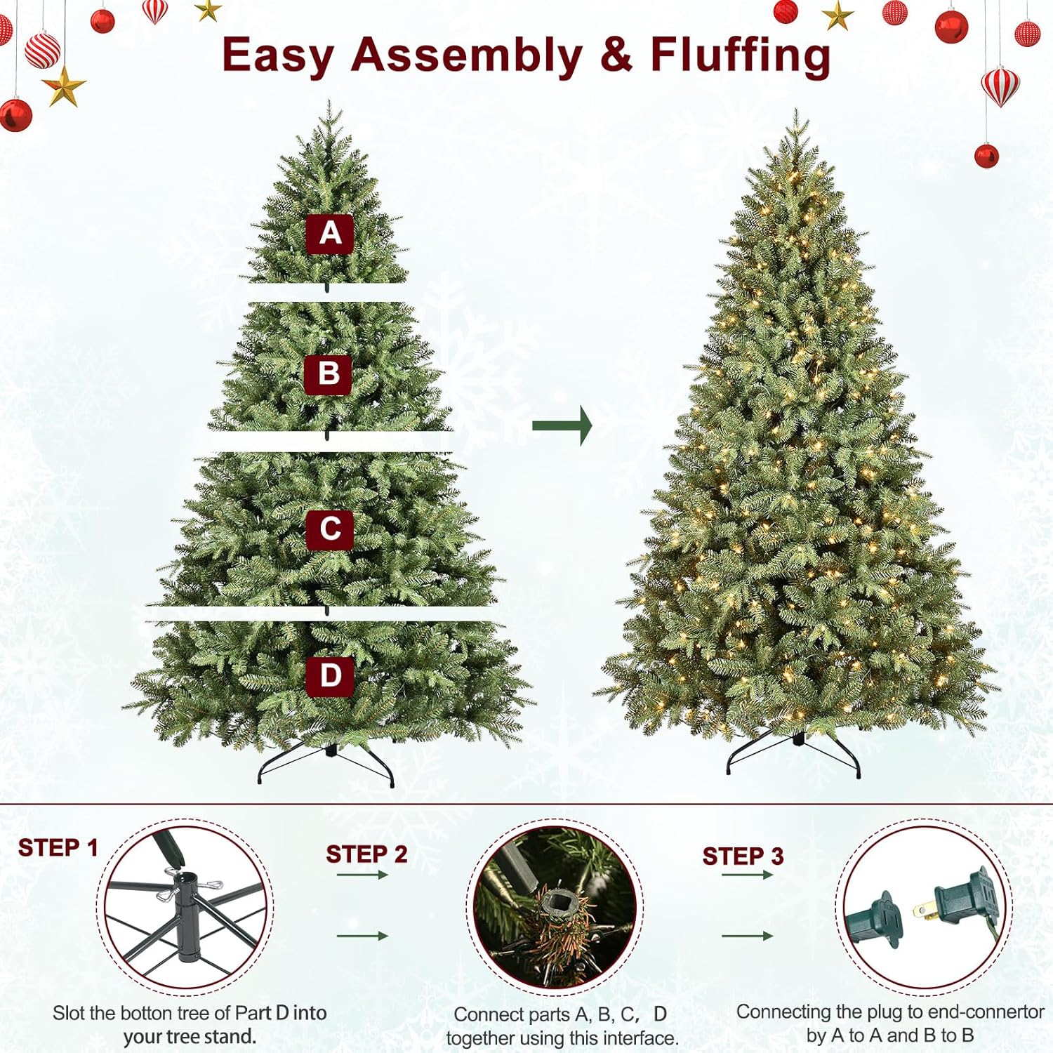 9FT Pre-Lit Artificial Christmas Tree with 3658 PE&PVC Mixed Branch Tips, 850 Warm White Lights