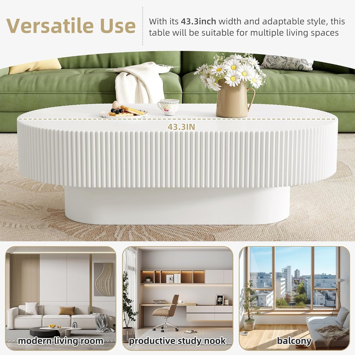 43.3" Oval Fluted Coffee Table Modern Elegant Drum End Table, Minimalist Center Table 7.8" Thick
