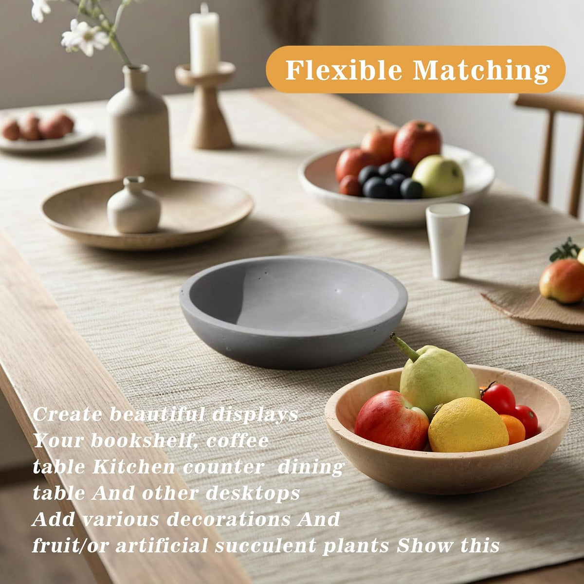 Marble Fruit Bowl for Kitchen Counter - Decorative Serving Bowl with Gray Travertine Design, Modern