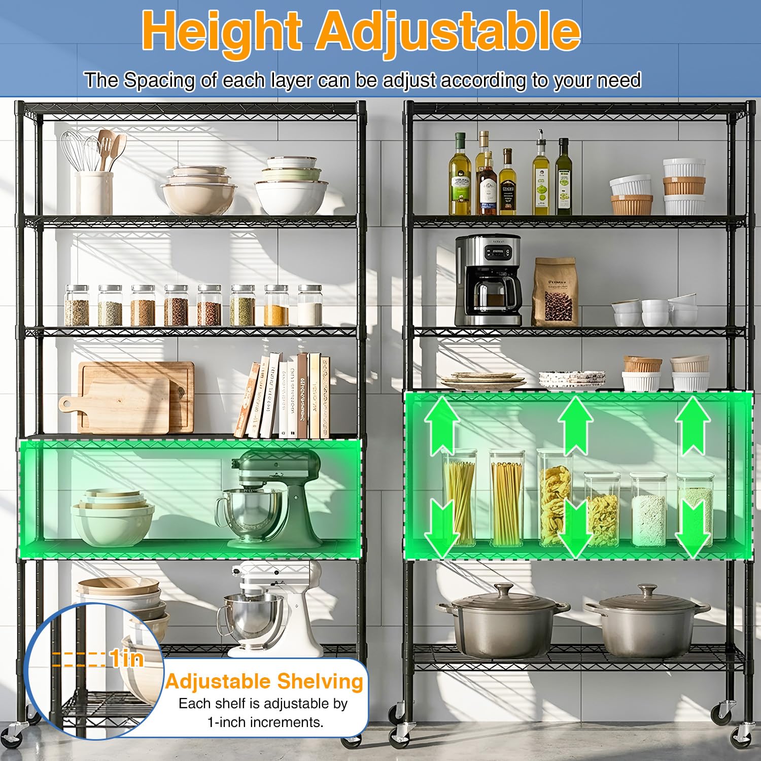 BestOffice | 6-Tier Wire Shelf with Wheels | 18" x 45" x 82" | Black