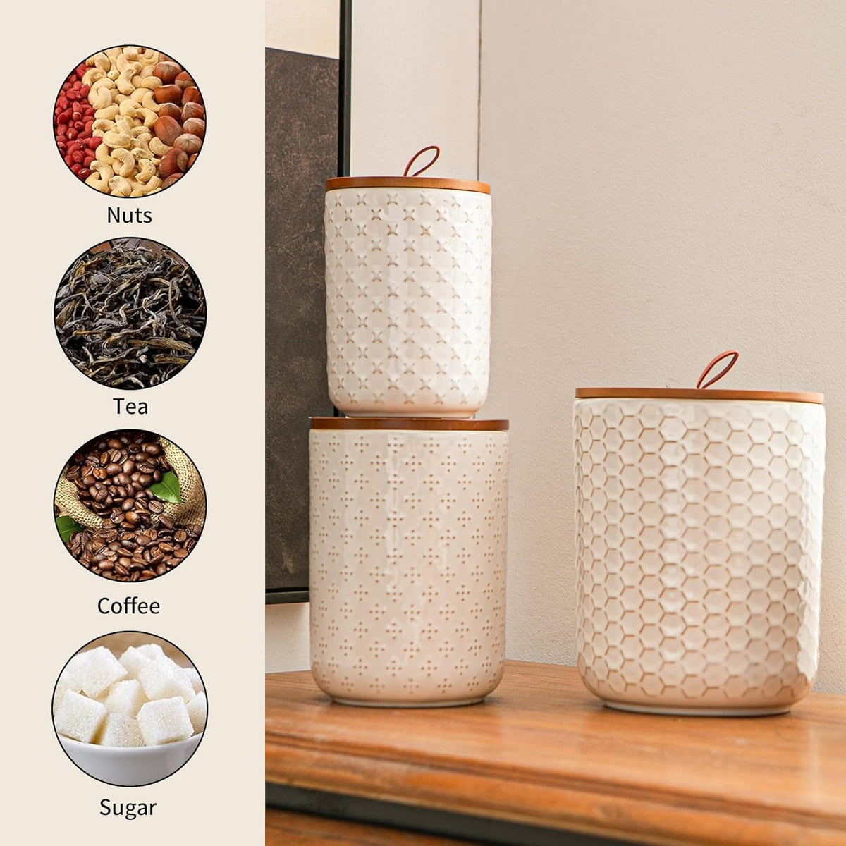 JOJUNO White Ceramic Canister Set with Wooden Lids – 3-Piece Airtight Food Storage Jars for