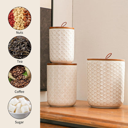 JOJUNO White Ceramic Canister Set with Wooden Lids – 3-Piece Airtight Food Storage Jars for