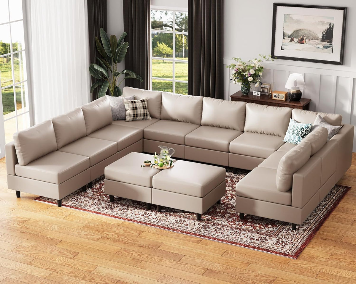 Oversized 145.5" Faux Leather Modular Sectional Sofa, Modern Large 12 Seater U Shaped Couch with