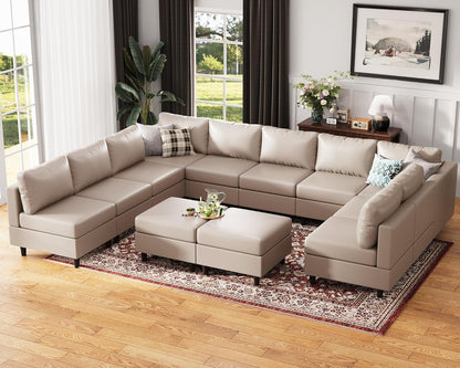 Oversized 145.5" Faux Leather Modular Sectional Sofa, Modern Large 12 Seater U Shaped Couch with