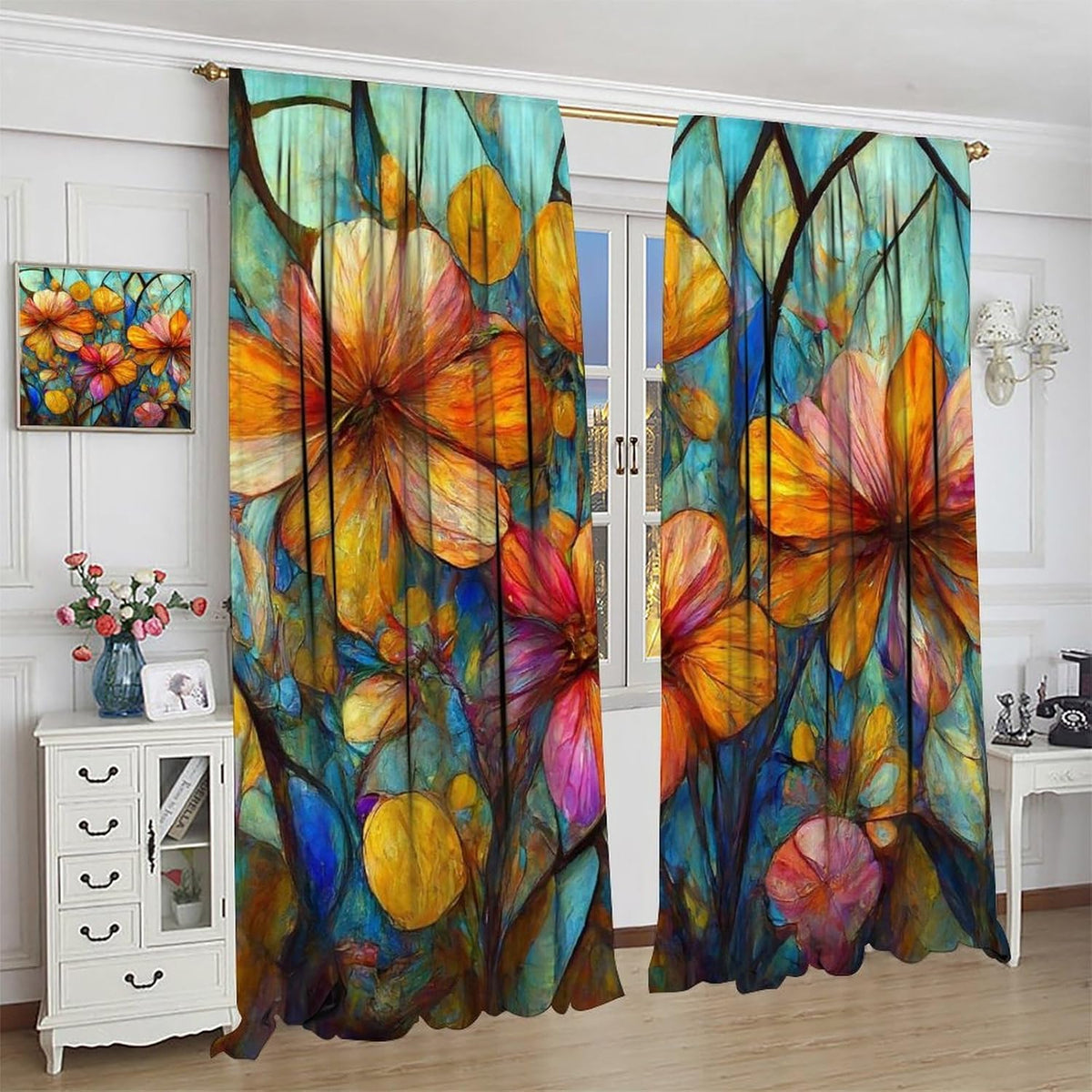 Stained Glass Curtains,Magic Forest Colorful Flowers Abstract Art Home Decor Drapes for Bedroom