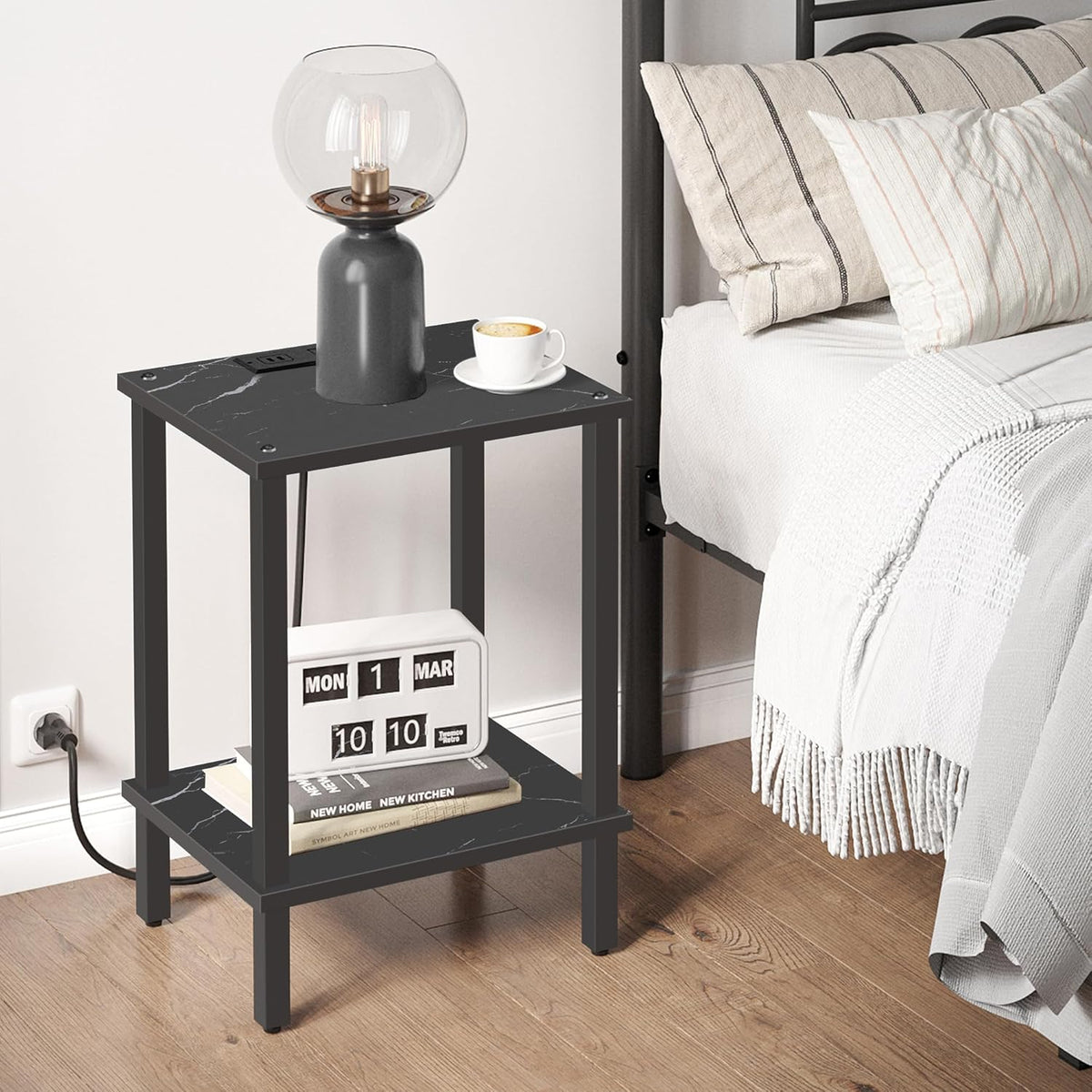 TUTOTAK End Table with Charging Station, Small Side Table, Nightstand Bedside Table, 2-Tier Storage