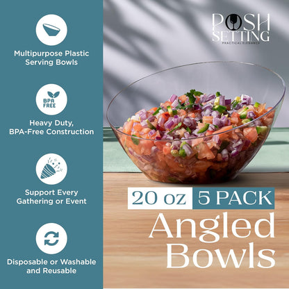 Posh Setting Crystal Clear, Disposable Premium Hard Plastic Medium Angled Bowl, Party, Salad, Snack