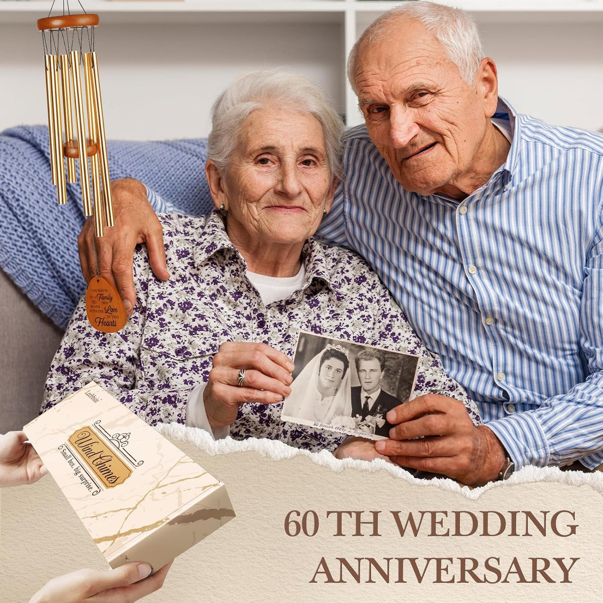 60th Wedding Anniversary Wind Chime, Happy 60th Anniversary Romantic Gifts for Couple, Parents
