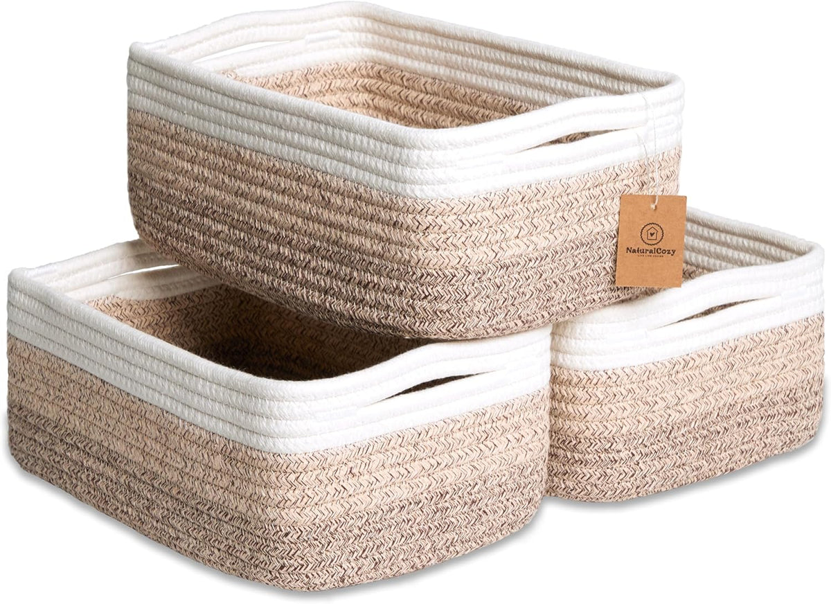 NaturalCozy 11.8"x8"x4.5” Storage Baskets for Shelves 3 Pack | Cotton Rope Woven Small Baskets for