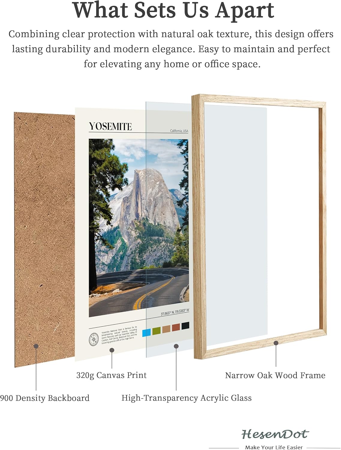 HesenDot Natural OAK Wood Yosemite National Park Framed Wall Art,12x16in Natural Scenery Canvas