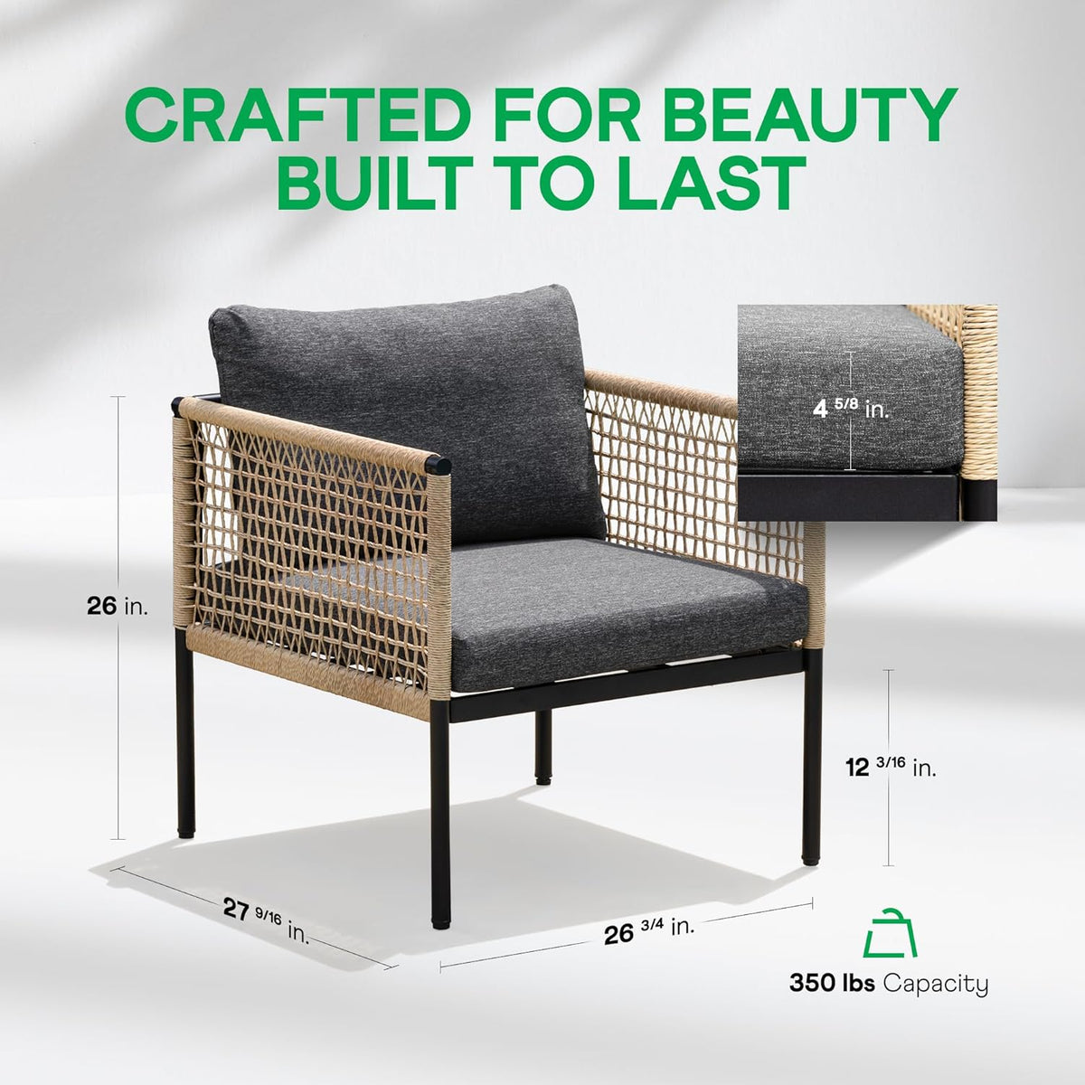 Idzo Oscar Wicker Outdoor Lounge Chair Set of 2, Sturdy Metal Frame, Weather-Resistant Rope Weave