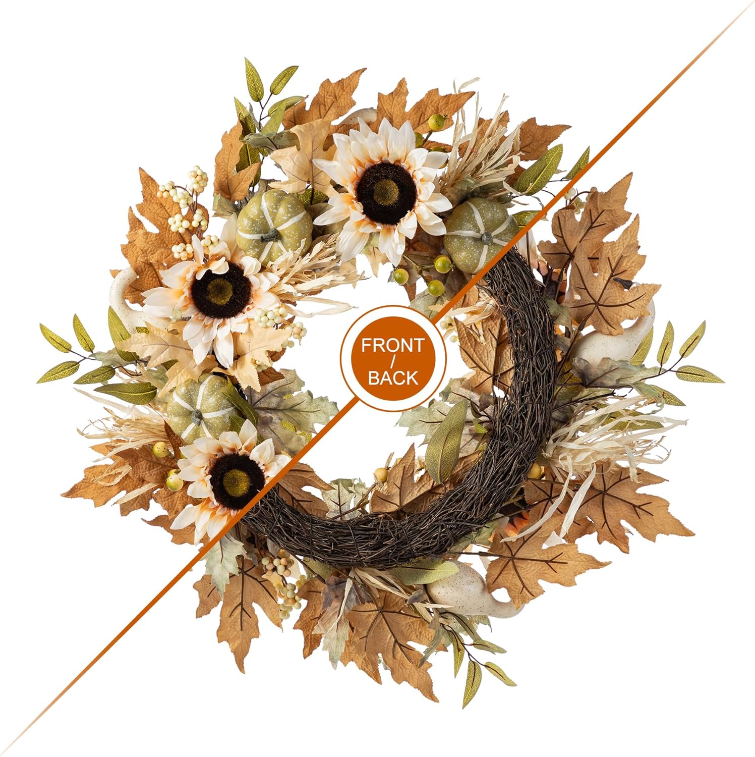 Glitzhome 24''D Artificial Fall Wreath for Front Door, Autumn Wreath with Sunflower, Pumpkin and