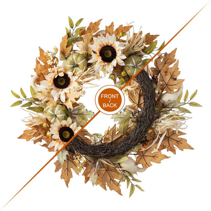 Glitzhome 24''D Artificial Fall Wreath for Front Door, Autumn Wreath with Sunflower, Pumpkin and