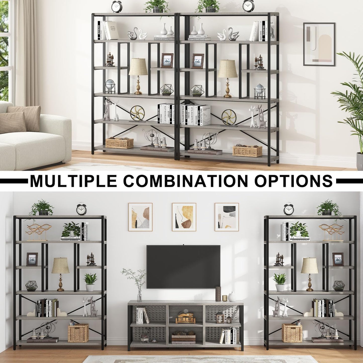 LVB Industrial 6 Tier Bookshelf, Large Tall Open Rustic Vintage Etagere Bookcase, Gray Big Wide