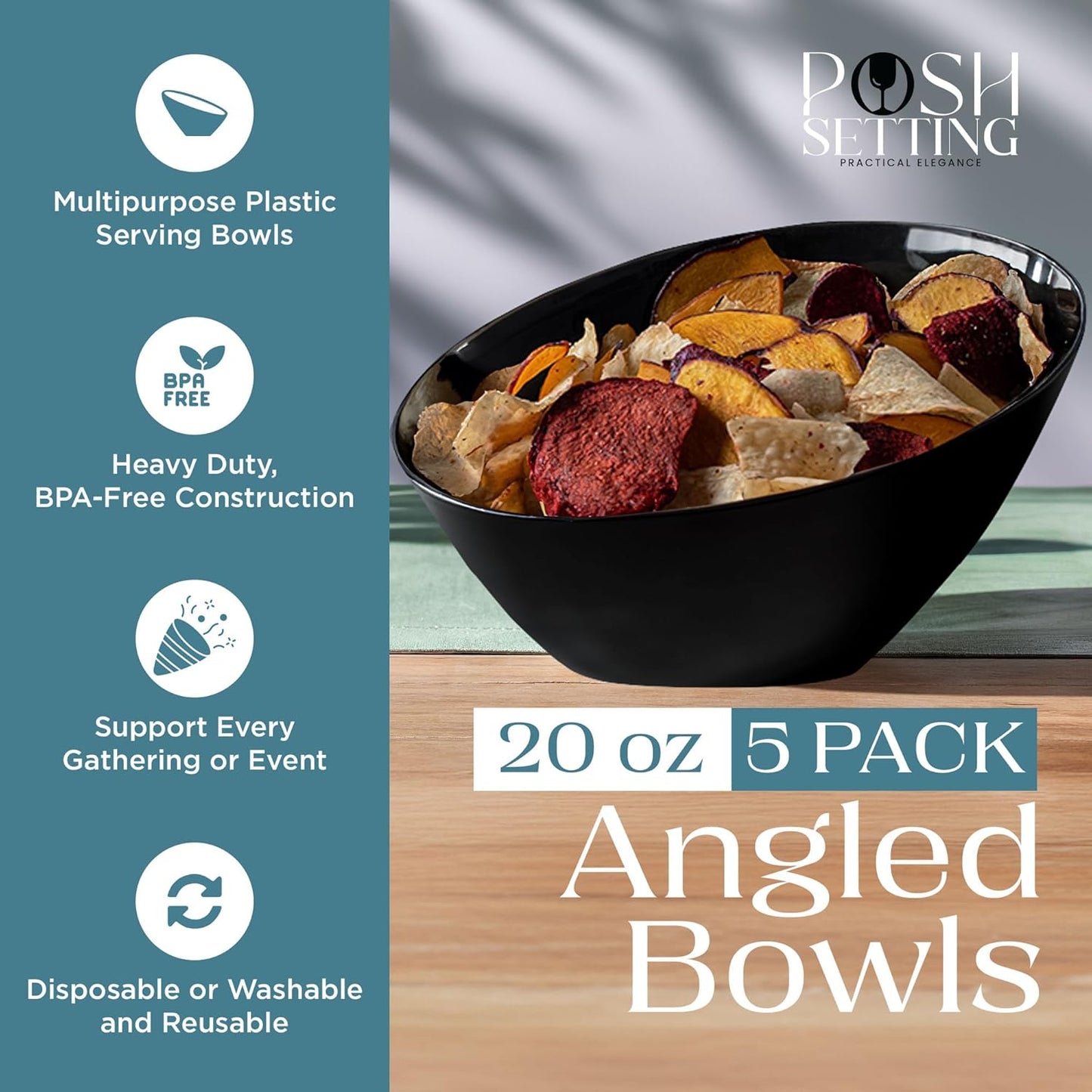 Posh Setting - Black Plastic Serving Bowls for Party - Angled, Disposable, Chip & Candy Bowls - 20