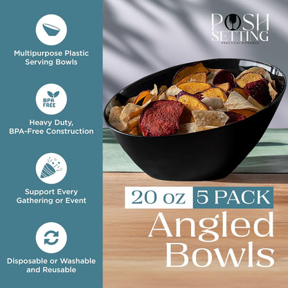 Posh Setting - Black Plastic Serving Bowls for Party - Angled, Disposable, Chip & Candy Bowls - 20