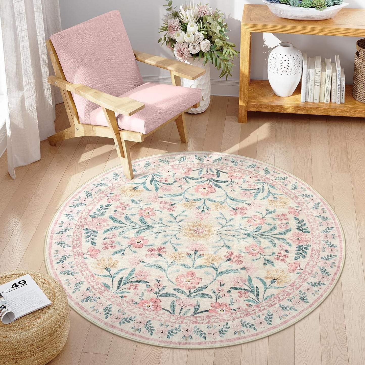Wonnitar Pink Floral Round Rugs 5ft, Soft Circle Rug Non Slip Washable Round Carpet, Boho