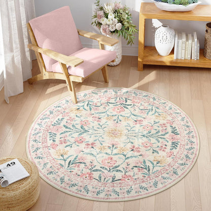 Wonnitar Pink Floral Round Rugs 5ft, Soft Circle Rug Non Slip Washable Round Carpet, Boho