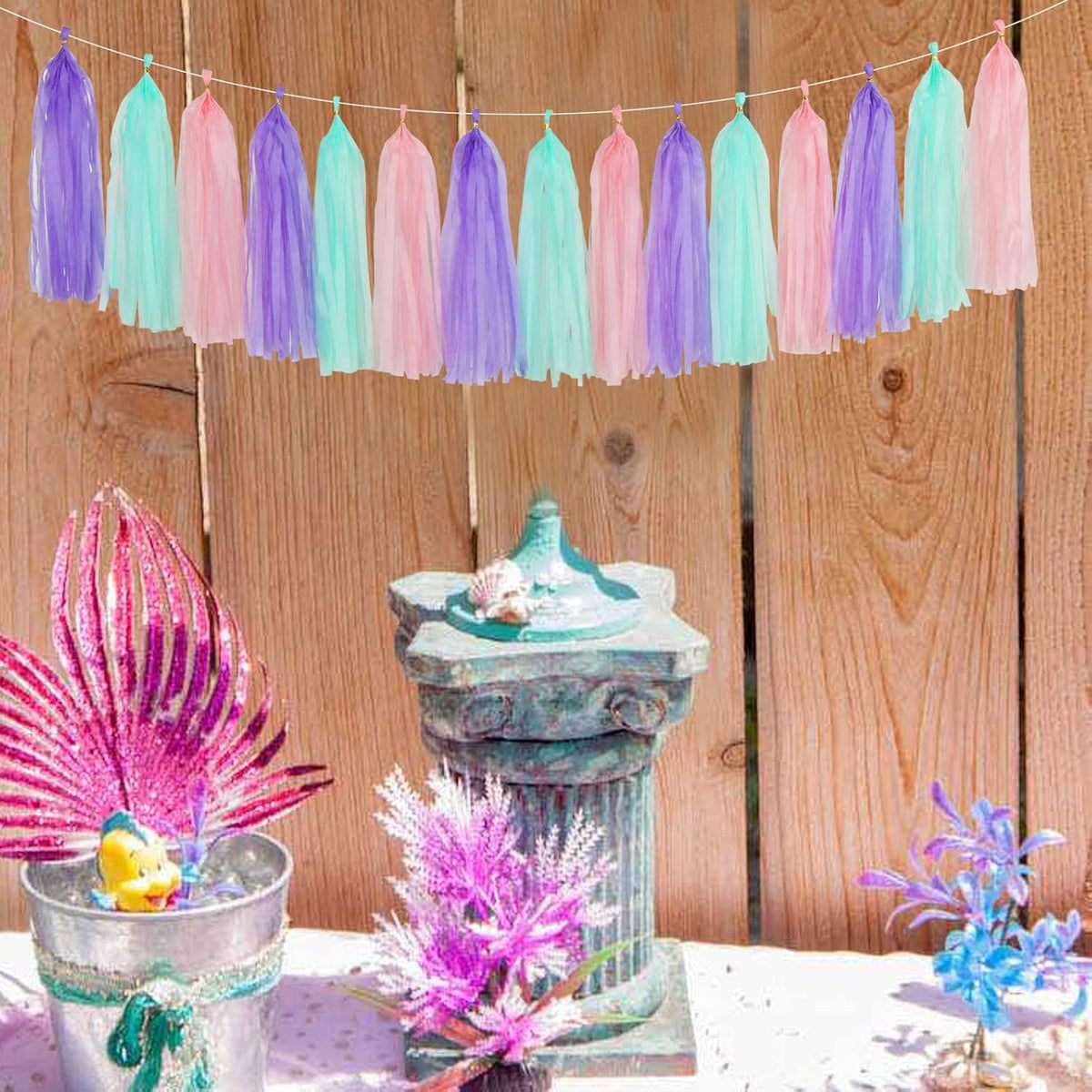 Pink-Purple Mint Mermaid Ocean-Themed Party-Decorations - 15pcs Tassel Garland Streamers Wedding