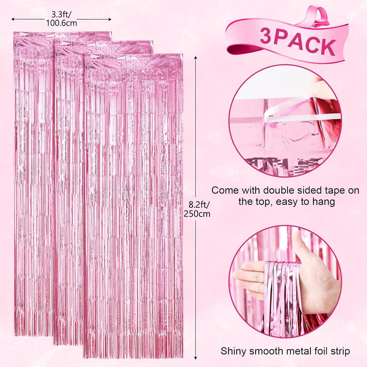 3 Pack 3.3 x 8.2 ft Light Pink Foil Fringe Backdrop Curtains, Tinsel Streamers Birthday Party