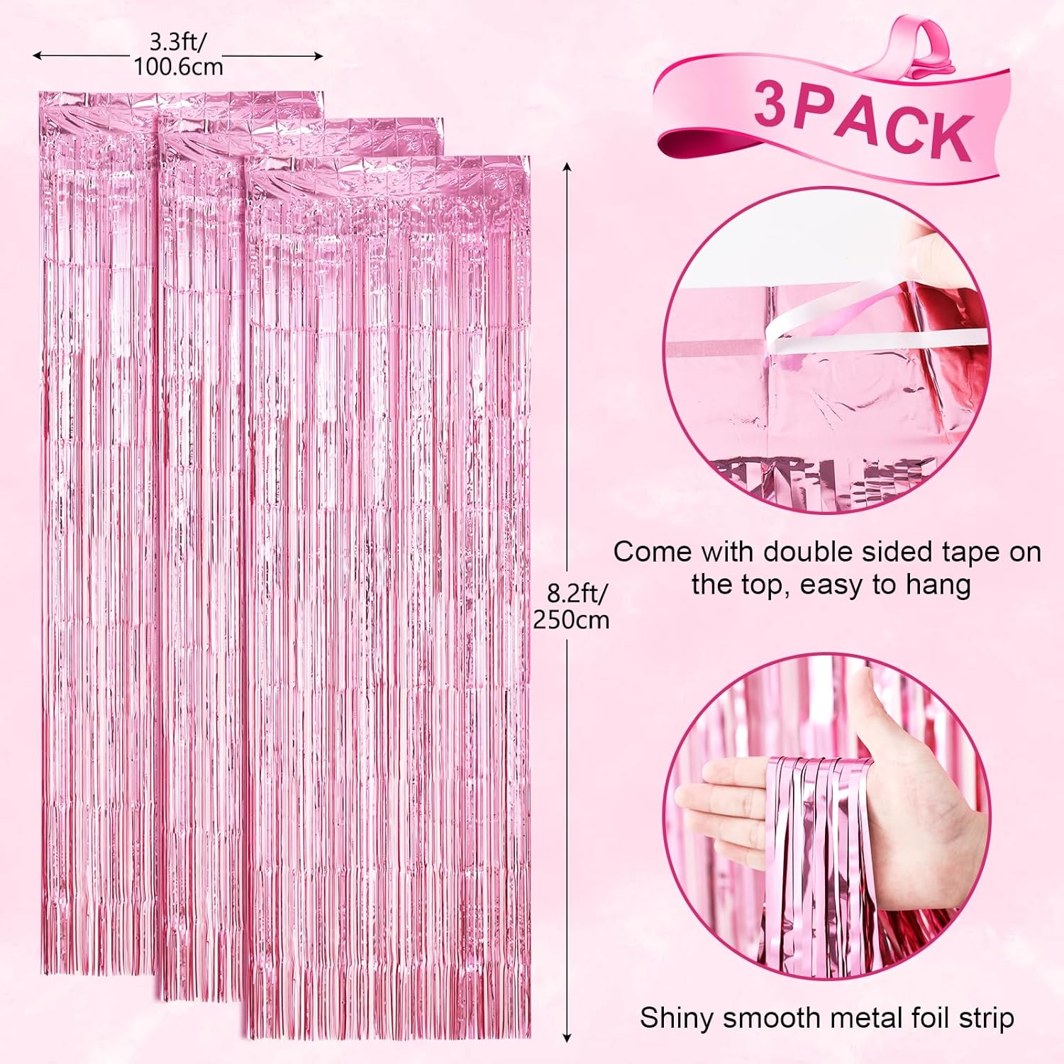 3 Pack 3.3 x 8.2 ft Light Pink Foil Fringe Backdrop Curtains, Tinsel Streamers Birthday Party