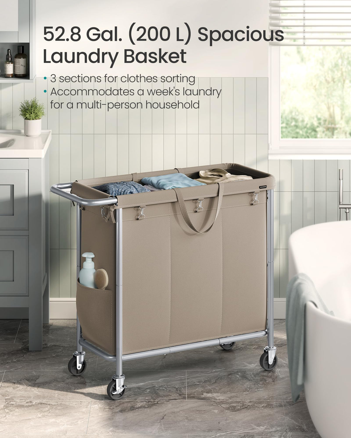 SONGMICS Laundry Basket with Wheels, 3-Section, 52.7 Gallons (199.5 L)