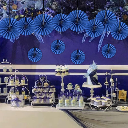HQZ Blue Party Hanging Fans DIY Set - 12pcs Paper Fans, Pinwheels, Craft for Wedding, Birthday