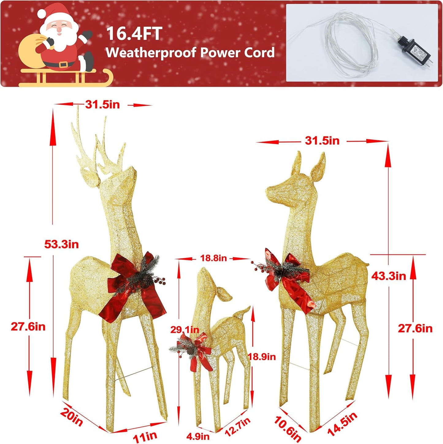 4.5FT Lighted Reindeer Family Set for Christmas Decoration, 3 Pieces Pre-Lit Iridescent Deer with