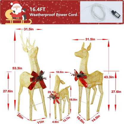 4.5FT Lighted Reindeer Family Set for Christmas Decoration, 3 Pieces Pre-Lit Iridescent Deer with